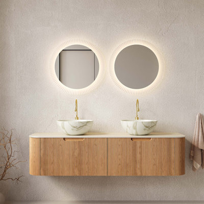 Meuble-lavabo de 60 po avec lavabo et lavabos 60 po, bordures arrondies et rayées avec 2 tiroirs, 2 cuves en céramique blanc mat et plateau en pierre frittée, pré-assemblé