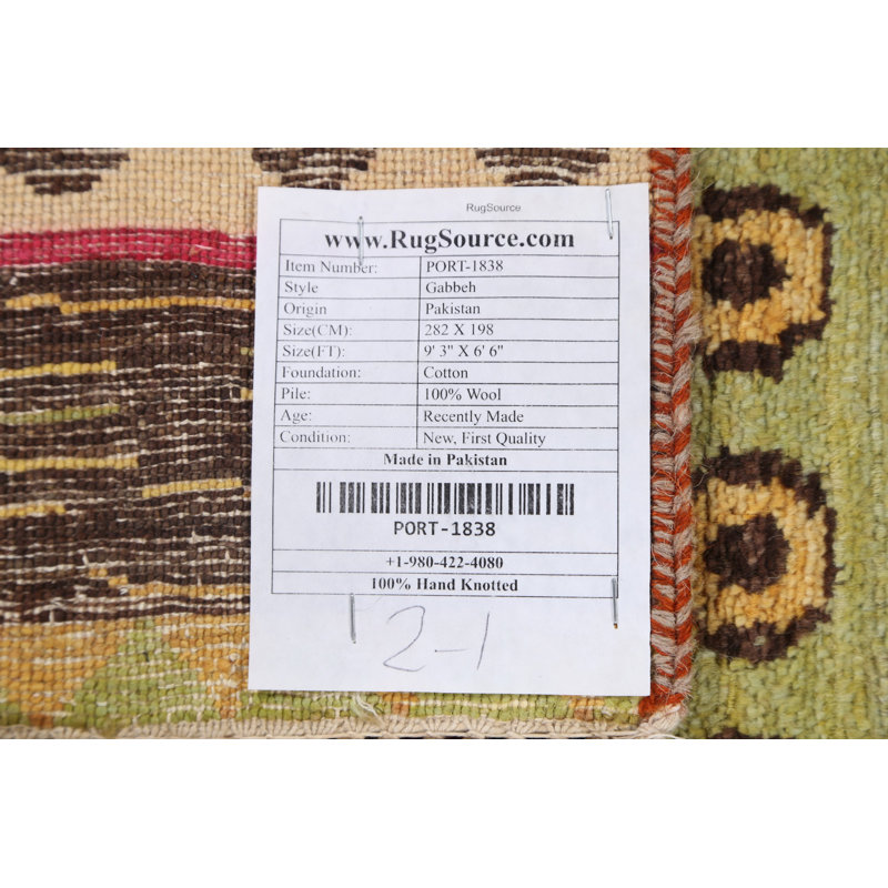 Tapis unique en laine noué à la main beige / rouge / vert nouvel âge 6 pi 6 po x 9 pi 3 po Kashkoli
