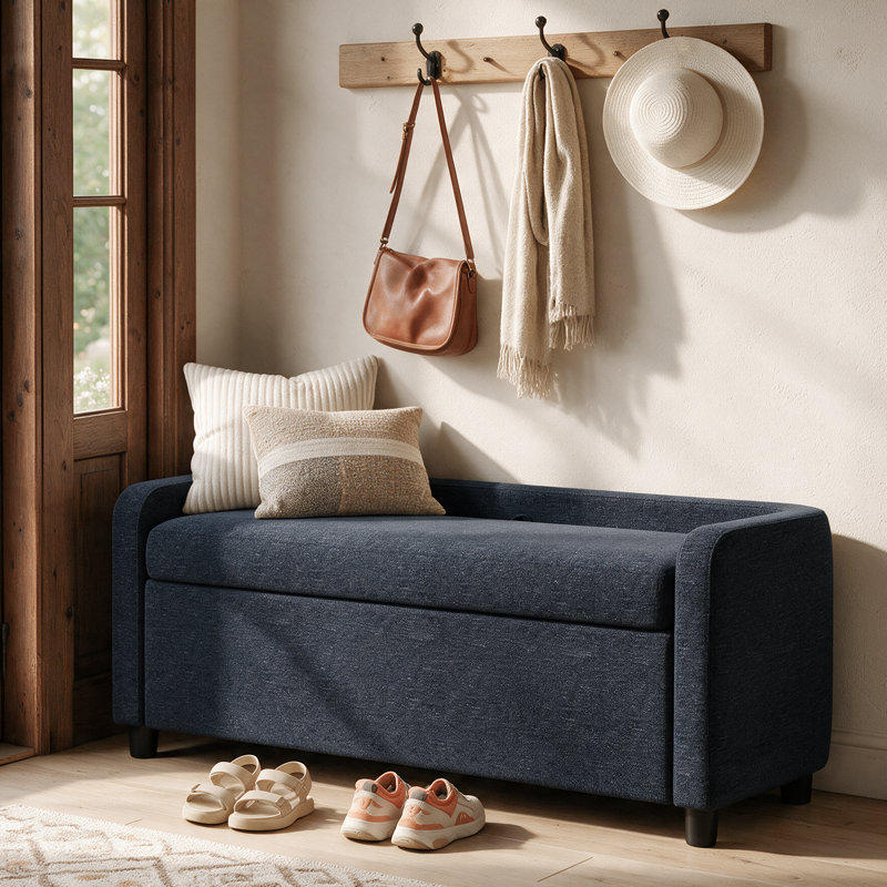 Narooma Linen Upholstered Flip Top and Storage Bench, BLUE