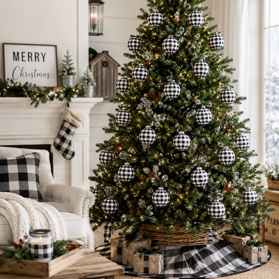24 boules de Noël à carreaux noirs et blancs, 7 cm de diamètre, recouvertes de tissu, à suspendre, pour sapin de Noël ou décoration de style champêtre.