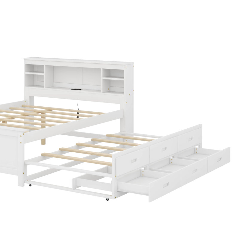 Lit plateforme avec tête de lit, USB, lit gigogne et tiroirs, Lit double, Blanc