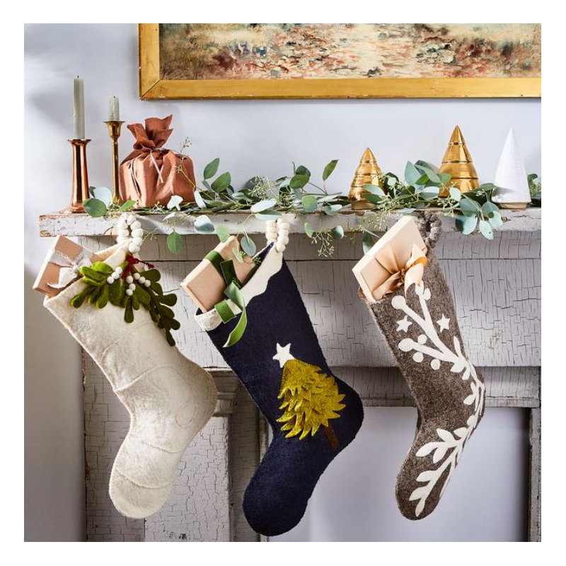 Hand Felted Wool Christmas Stocking - Mistletoe on Cream
