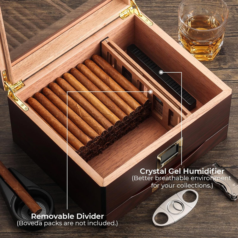 Reddish Brown Cedar Humidor Box with Glass Top and Hygrometer