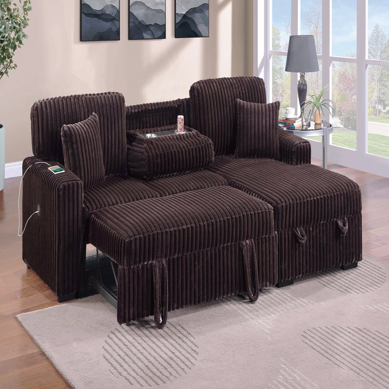 Canapé modulaire convertible 2 pièces de style moderne avec porte-gobelet rabattable et porte-gobelet de rangement pour port USB, coussin assorti, finition café, salon principal
