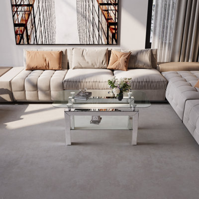 Table rectangulaire moderne en verre trempé à 2 niveaux avec pieds en acier inoxydable