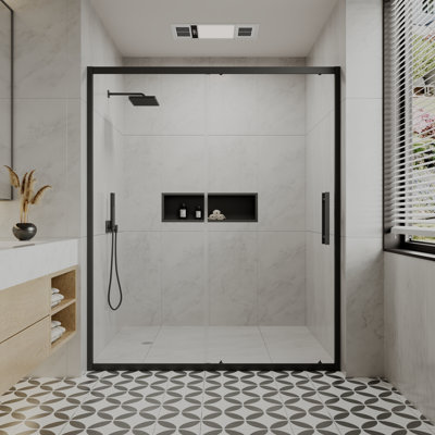 Porte de douche coulissante encadrée avec panneau fixe l 56 à 60 po x H 72 po, noir mat, verre trempé nano-enduit