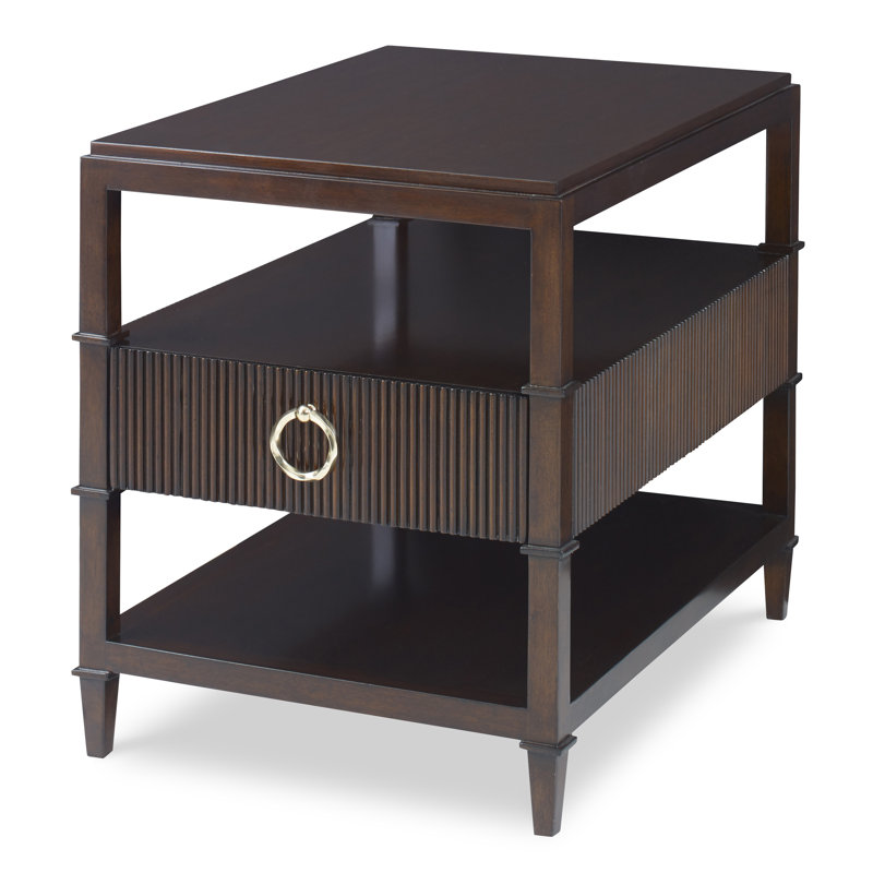 Walnut Brown Rectangular End Table with Storage and Brass Hardware