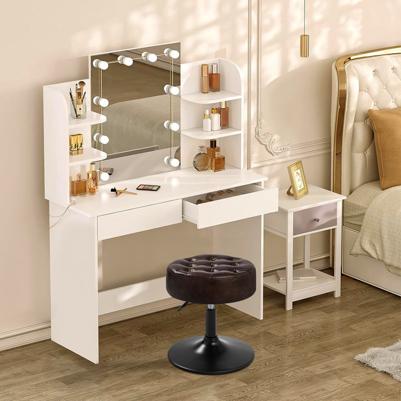 Tabouret de coiffeuse en cuir, Noir, Similicuir noir brun