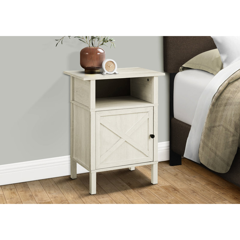 Petite table d'appoint de petite chambre avec stratifié en chêne délavé, aspect transitionnel et aspect rangement facile, plancher d'armoire fermée - conception sécuritaire
