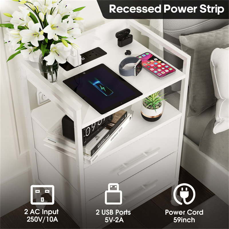 Bedside Table With Charging Station, Bedroom Side Table With 2 Fabric Drawers, Small Storage Sofa End Table With Open Shelf And 4 Wheels, Nightstand For Living Room, Hallway