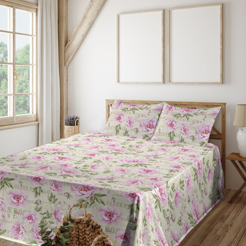 Ambesonne Watercolor Botany Sheet Set 4 Pcs Retro Boho Bloom, Queen Sheet Set with 2 Pillowcases