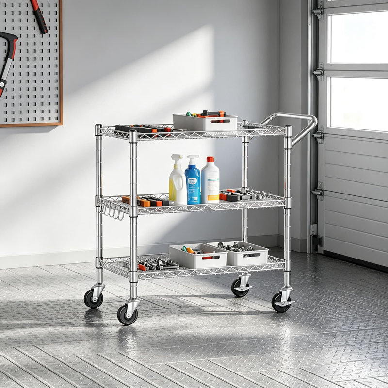 Chariot utilitaire roulant robuste à 3 niveaux, capacité de 450 kg (990 lb), certifié NSF, en métal, avec poignée et revêtements d'étagères, idéal pour la cuisine, le restaurant, le garage et le bureau.