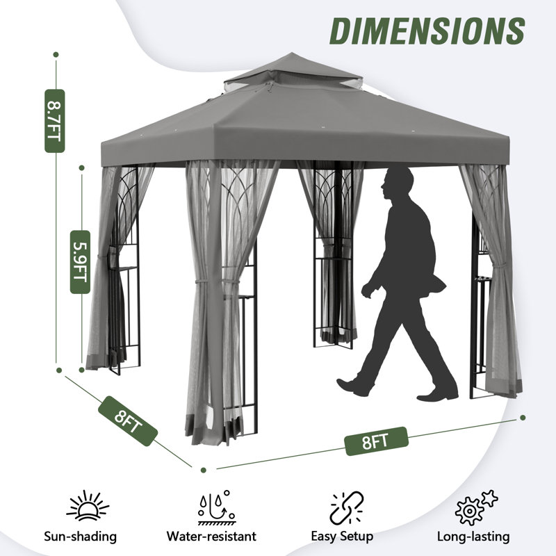 8 Ft. W x 8 Ft. D Steel Patio Soft Roof Gazebo With Netting, Gray