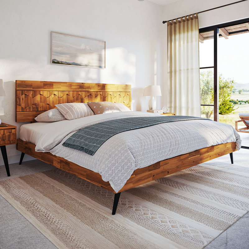 Georgina Solid Wood Platform Bed Frame with Headboard, Mid Century Geometric Pattern, King, Teak Brown