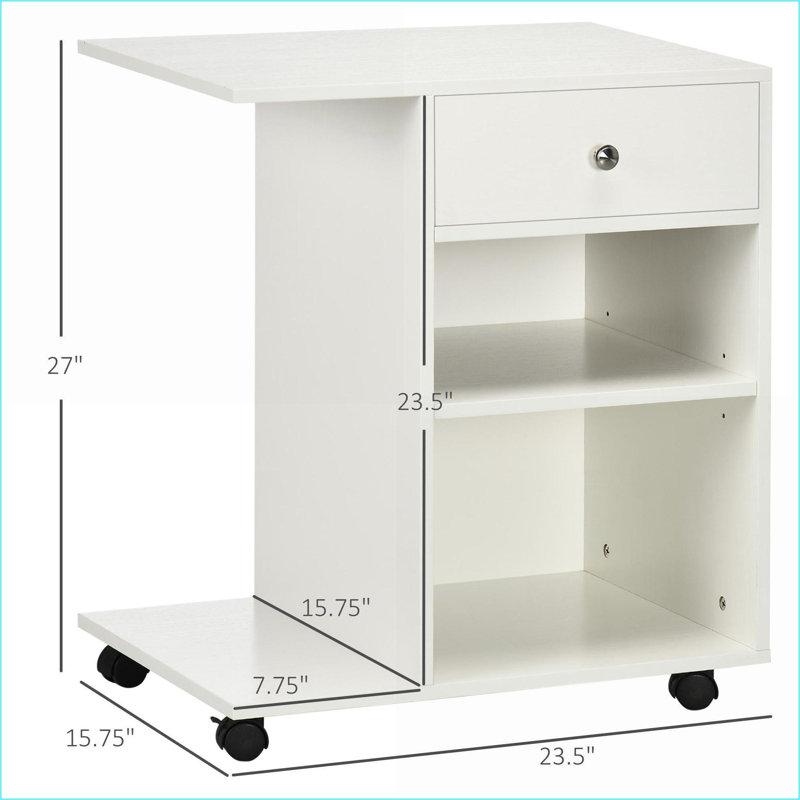 Printer Stand with Drawer &amp; Adjustable Shelf, Rolling Mobile Cart with Locking Wheels, CPU Stand | Snow White | P2 Particleboard