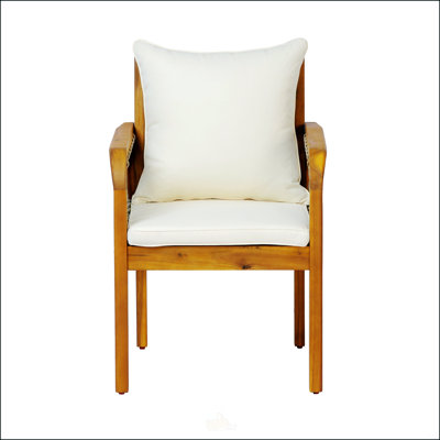 Outdoor Patio Acacia Wood Chairs with Woven Rope Arms and Weather-Resistant Cushions, Set of 2, Teak Finish and Oatmeal Rope
