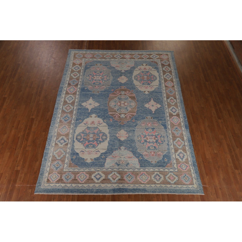 Tapis géométrique bleu Oushak 8 x 11