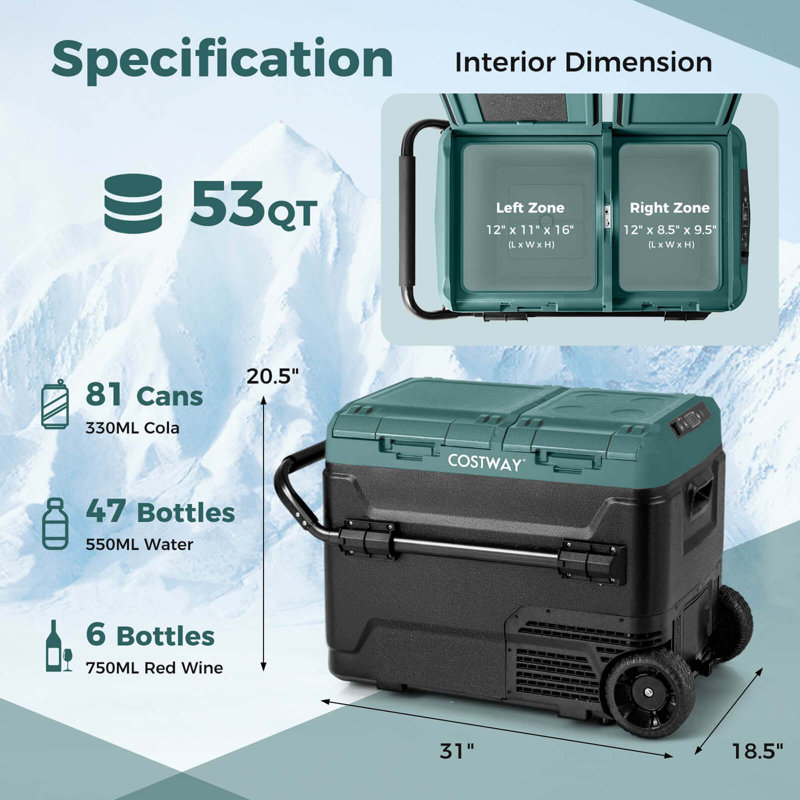 Costway Dual Zone 12v Car Refrigerator 53qt Portable Compressor Fridge Freezer, Green/Black