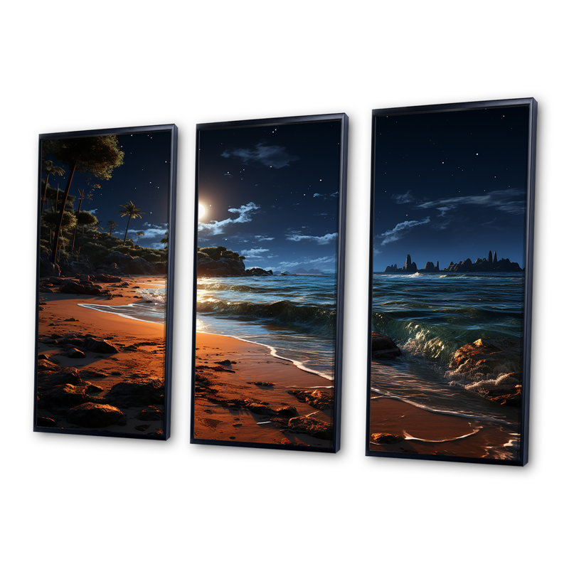 Mystic Tropical Beach Moonlight II - art mural plage, Cadre flottant noir, H 40 po x l 61 po x P 1 po