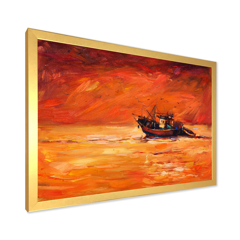 Bateau de pêche pendant la soirée - peinture sur toile, H 30 po x l 40 po x 1,5 po, Encadrement doré