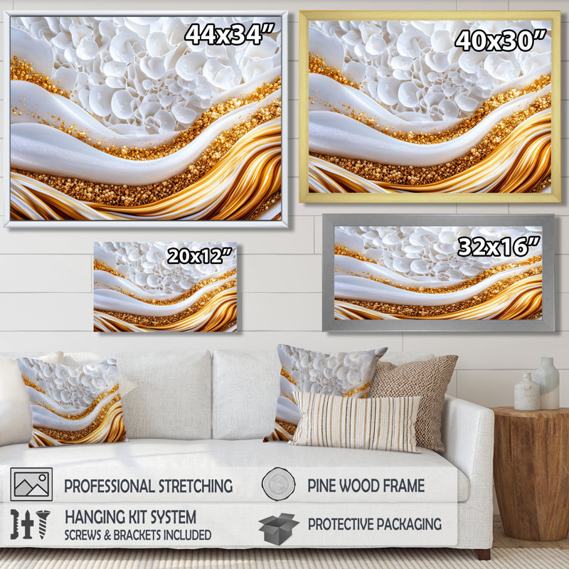 Marbre fleuri de blanc doré - art mural abstrait en marbre, H 34 po x l 44 po, Doré
