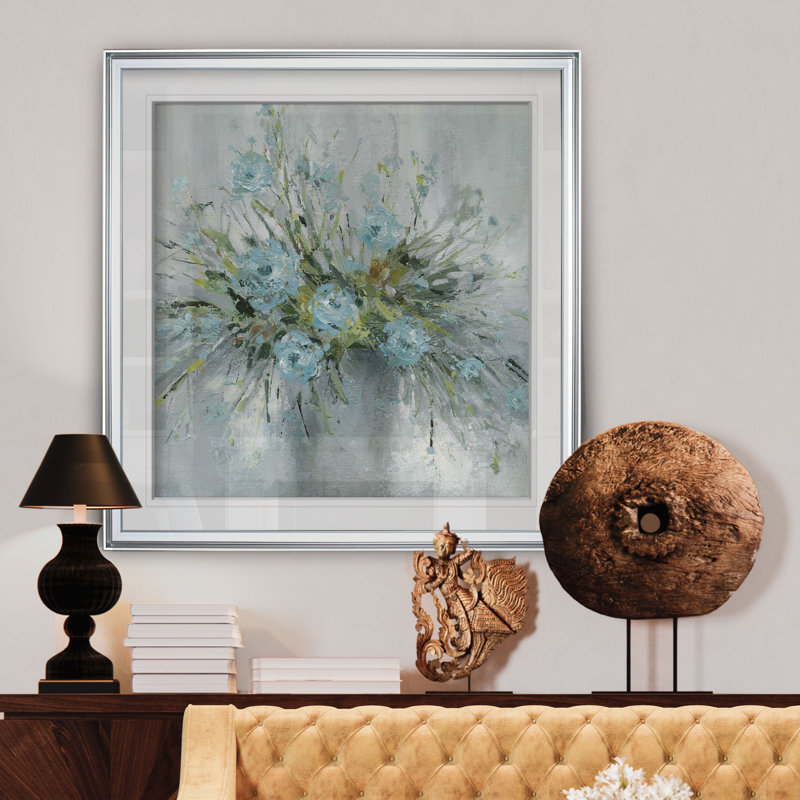 « bouquet de bleu », peinture, H 16 po x l 16 po x P 2 po, Cadre argenté