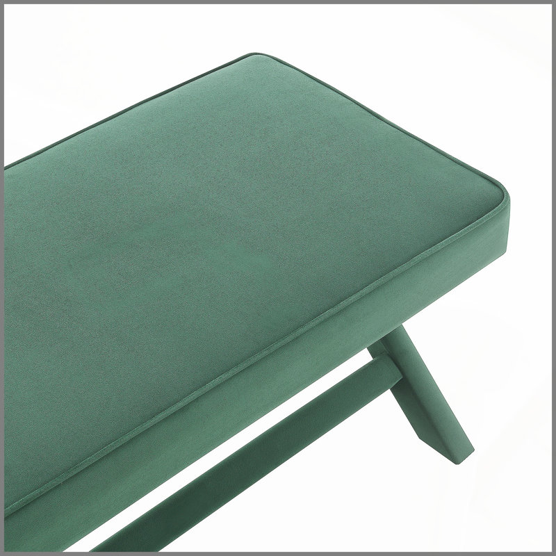 Double banc Comfort recouvert de tissu de velours, tabouret avec pieds élégants en X, coussin confortable avec passepoil, velours vert