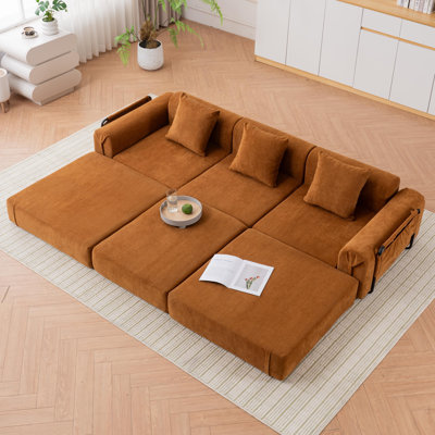 Boneless 98.8" Modular Folding Sleeper Sofa Upholstered Floor Sofa Bed With Side Pockets And 3 Pillows - No Assembly Required