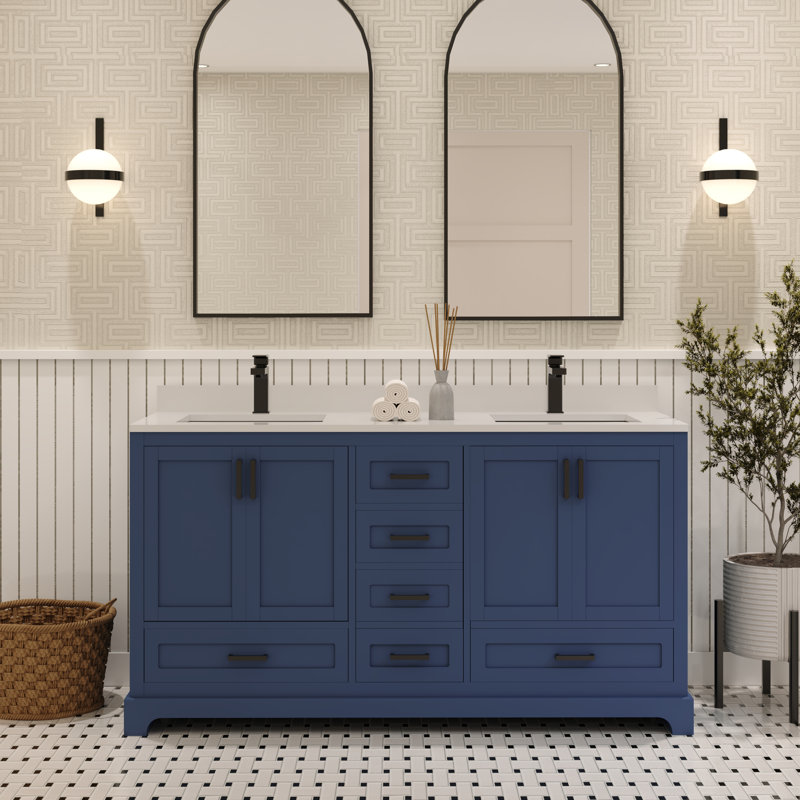 Meuble-lavabo double 60 po Maya avec comptoir en quartz blanc Maya, Bleu, Noir mat