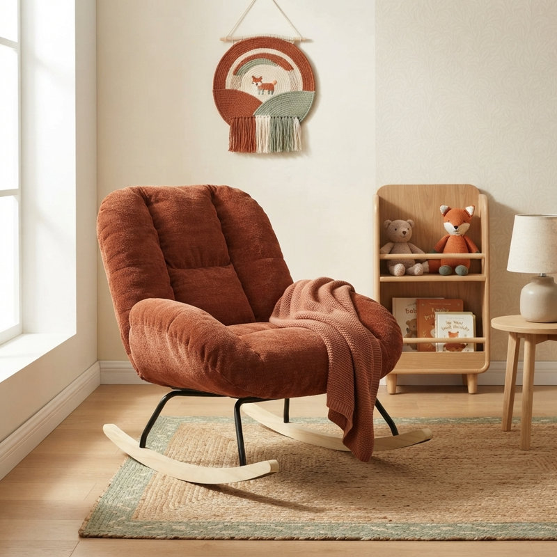 Fauteuil à bascule moderne rembourré avec base en bois d'hévéa, rouge, idéal pour la chambre d'enfant, le salon et la chambre à coucher.