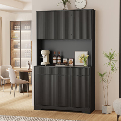 Garde-manger 71 po, armoire de rangement avec tiroirs et tablette ajustable 71 po, tablette pour micro-ondes, huche de cuisine avec lumière DEL et prises pour la salle à manger / entrée / couloir (noir)