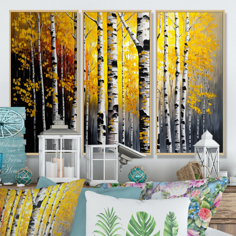 Into A Golden Birch Forest VI - ensemble d'art mural sur toile paysage, H 32 po x l 48 po x P 1 po, Encadré naturel