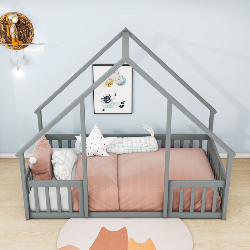 Wood House-Shaped Floor Bed With Guardrails, Gray, Twin