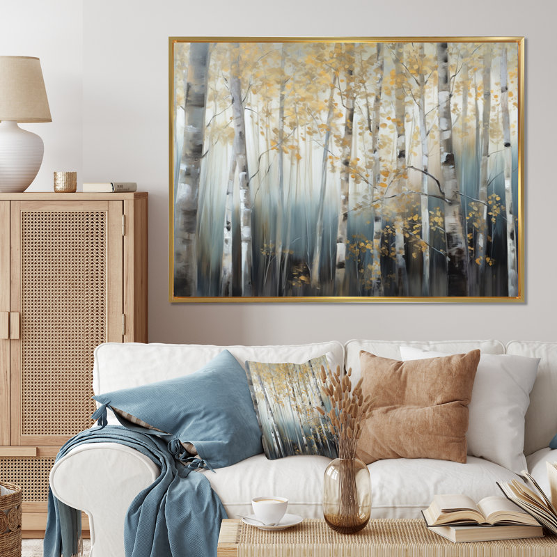 Ruwen Birch Tree Dense Forest V - reproduction d'art sur toile encadrée, H 16 po x l 32 po x P 1 po, Cadre flottant doré