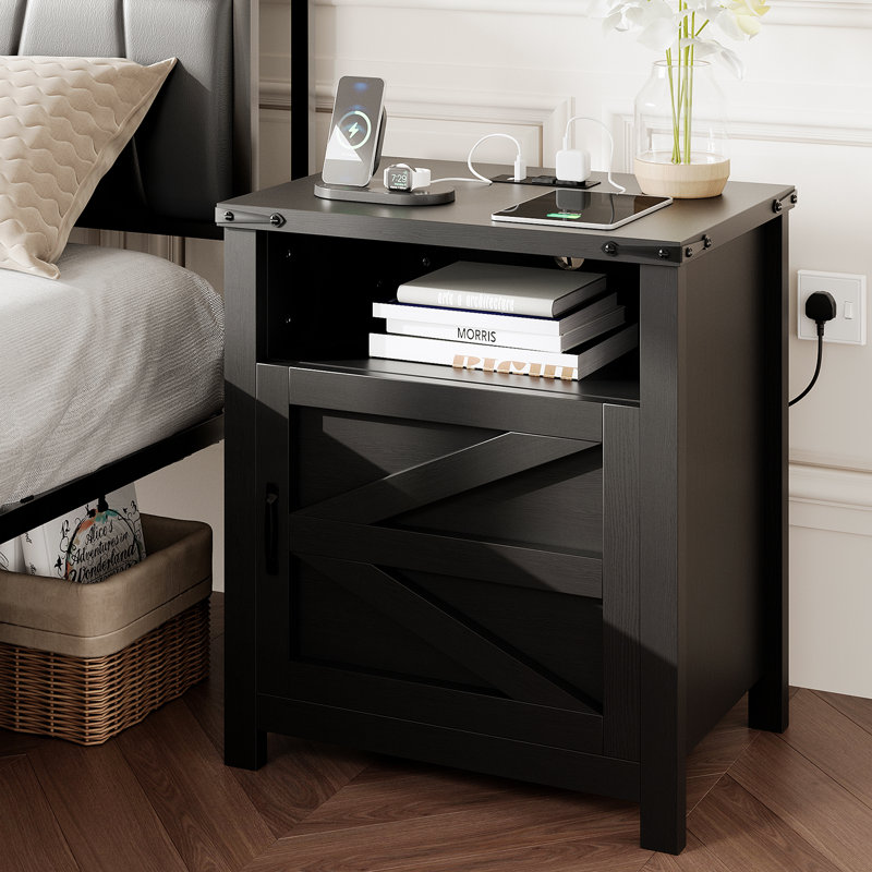 Black Farmhouse Nightstand with Barn Door and Shelf, Set of 2