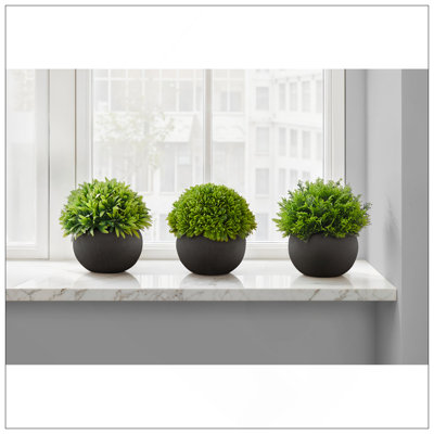 Plant, 5" Tall, Grass, Indoor, Faux, Fake, Table, Greenery, Potted, Set Of 3, Decorative, Green Plants, Black Pots