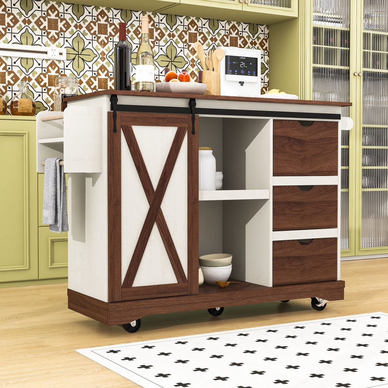 Rolling Kitchen Island Cart with Drop Leaf, Power Outlet, Adjustable Shelves and Storage Drawers, White