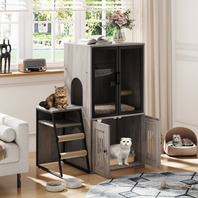 Meuble de litière pour chat double couche avec plateforme, échelle, hamac et porte en filet métallique, maisonnette d'intérieur moderne pour chats multiples
