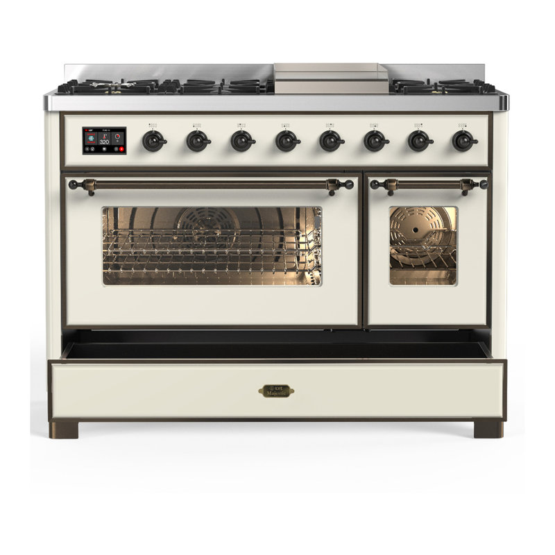 Majestic III Series 48 Inch Dual Fuel Range with 5 Sealed Burners, Griddle, Frenchtop in Antique White (Liquid Propane, Burnished Trim)