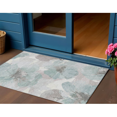 3' X 5' Blue And Sage Floral Washable Indoor Outdoor Area Rug