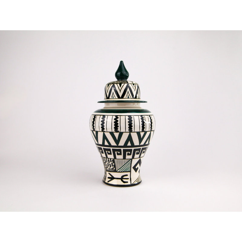 African Handmade Ceramic Jar, Green/Black/White, 13" H x 6.5" W x 6.5" D