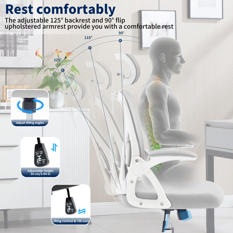 Chaise de bureau ergonomique, chaise de bureau ergonomique avec support lombaire réglable, chaise d'ordinateur en filet de 400 lb à haut dossier avec appui-tête réglable pour bureau (gris)