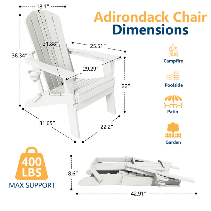 HDPE Folding Adirondack Chair with Cup Holder,  White, White