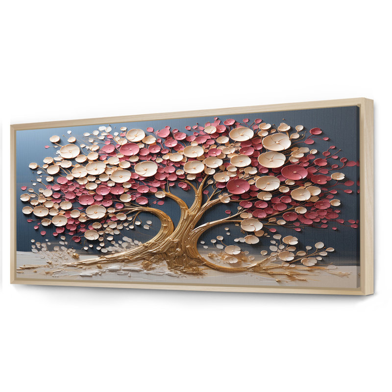 Orchidée rose et or, jardin de branches VI - arbre, art mural, Cadre flottant brun, H 28 po x l 60 po x P 1,5 po