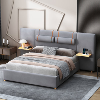 Grand lit plateforme avec tête de lit tapissier et ports USB