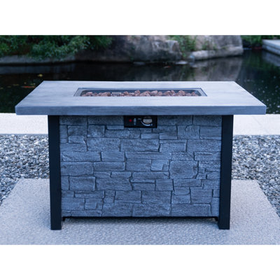 Table d'extérieur pour foyer au gaz propane 44 po x 25 po, 50 000, fibre de verre et fer, conception hypnotisante, chaleur, table de patio brun noir 44 po x 25 po, style raffiné, résistance aux hautes températures,