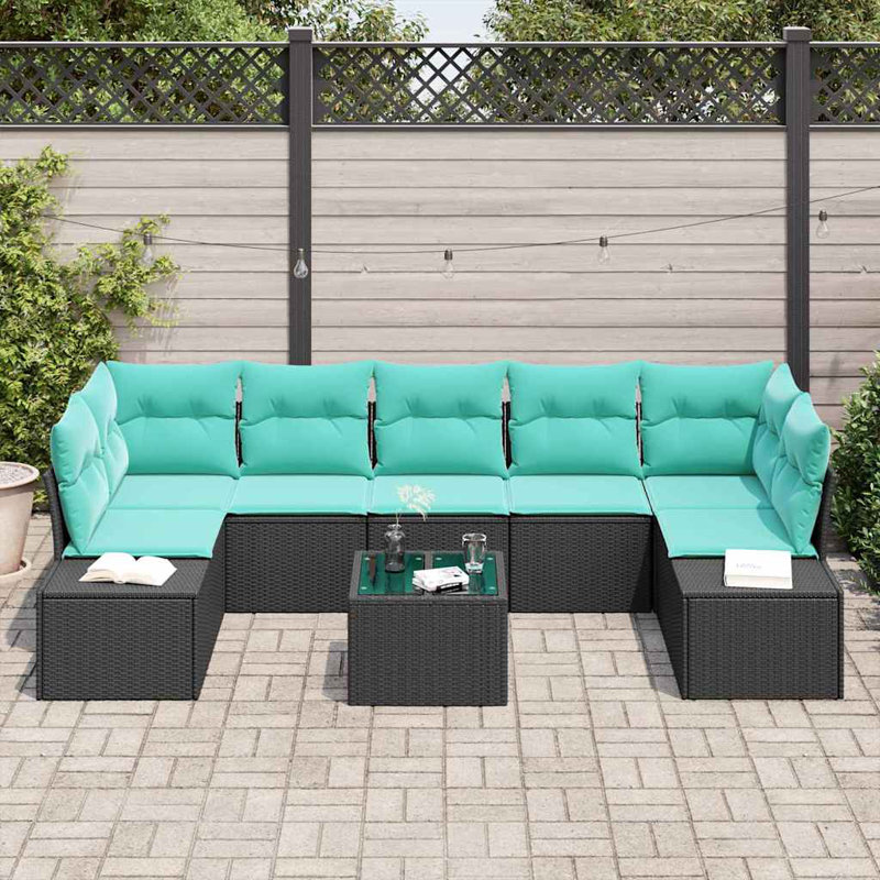 Ensemble de canapé de jardin vidaXL 8 pièces en rotin de polyester noir et turquoise
