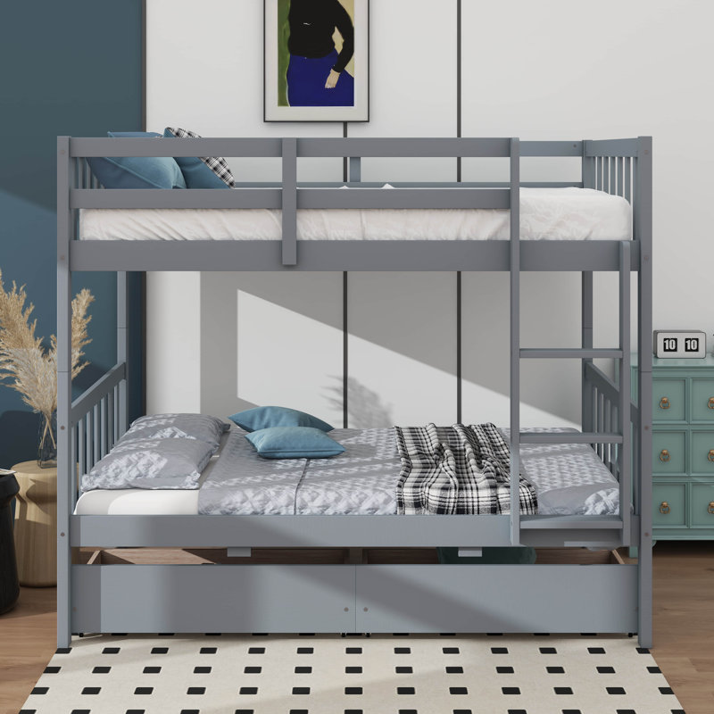 Lit superposé simple au-dessus de simple avec 2 tiroirs, lits superposés convertibles, gris