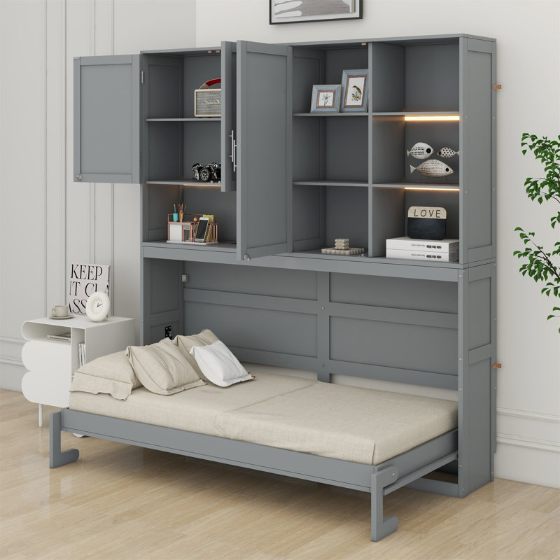 Lit escamotable mural avec armoire supérieure, tablettes, lit pliable peu encombrant avec éclairage et port USB, gris