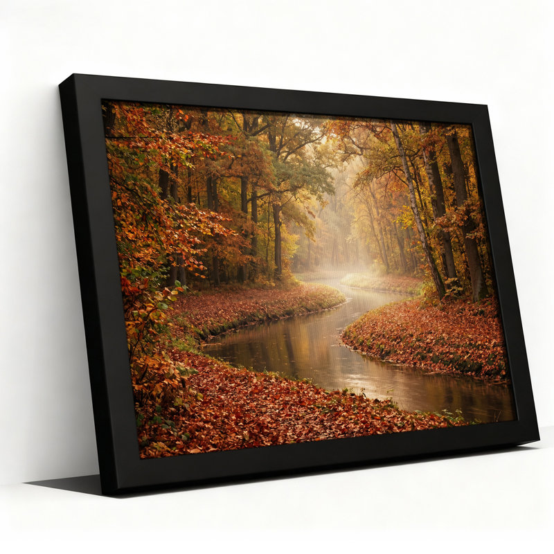 Tableau sur toile représentant une rivière sinueuse dans une forêt d'automne orange, 24"H x 36"W